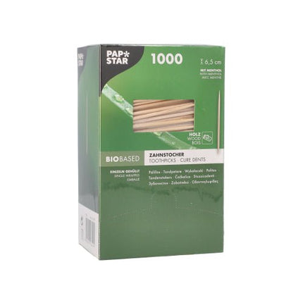 PAPSTAR Zahnstocher rund 6,5 cm, Holz mit Mentholgeschmack | Spenderkarton (1000 Stück)