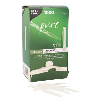 PAPSTAR Zahnstocher "pure" rund, Holz, 6,5 cm | Spenderkarton (1000 Stück)