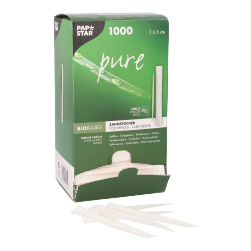 PAPSTAR Zahnstocher "pure" rund, Holz, 6,5 cm | Spenderkarton (1000 Stück)