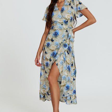 Floral Print Wrap Hem Midi Dress In Beige