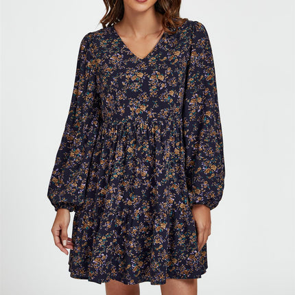 Little Floral Print V Neck Mini Dress In Navy