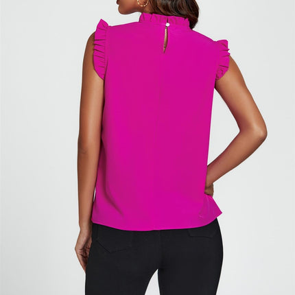 Frill Trim Sleeve Frill Neck Blouse Top In Magenta