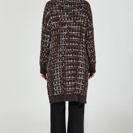 Boucle Check Cardigan In Brown With Multicolour Speckles