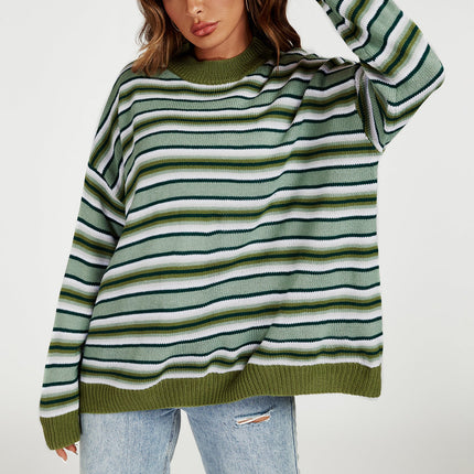 Stripe Block Relaxed Knit Jumper Top in Green