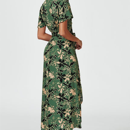 Abstract Floral Wrap Maxi Dress In Olive