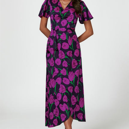 Floral Print Satin Wrap Maxi Dress In Magenta