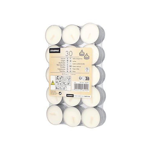 Starpak 30 Teelichte Ø 37 mm · 16 mm weiss | Schrumpffolie (30 Stück)