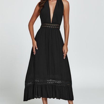Lace Detail Adjustable Deep V Neckline Maxi Dress In Black