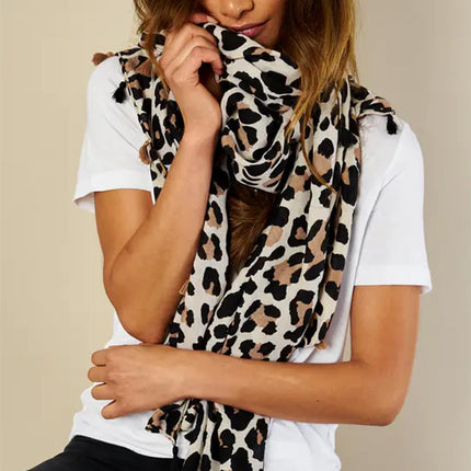 Leopard Print Tassel Scarf In Beige