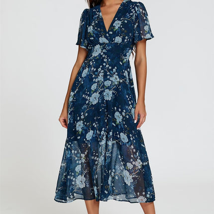 Floral Print Midi V neckline Dress In Navy