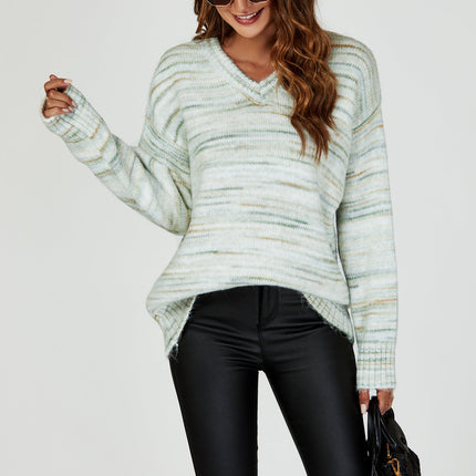 Relaxed Multi Knitted V Neck Jumper in Green und Cream