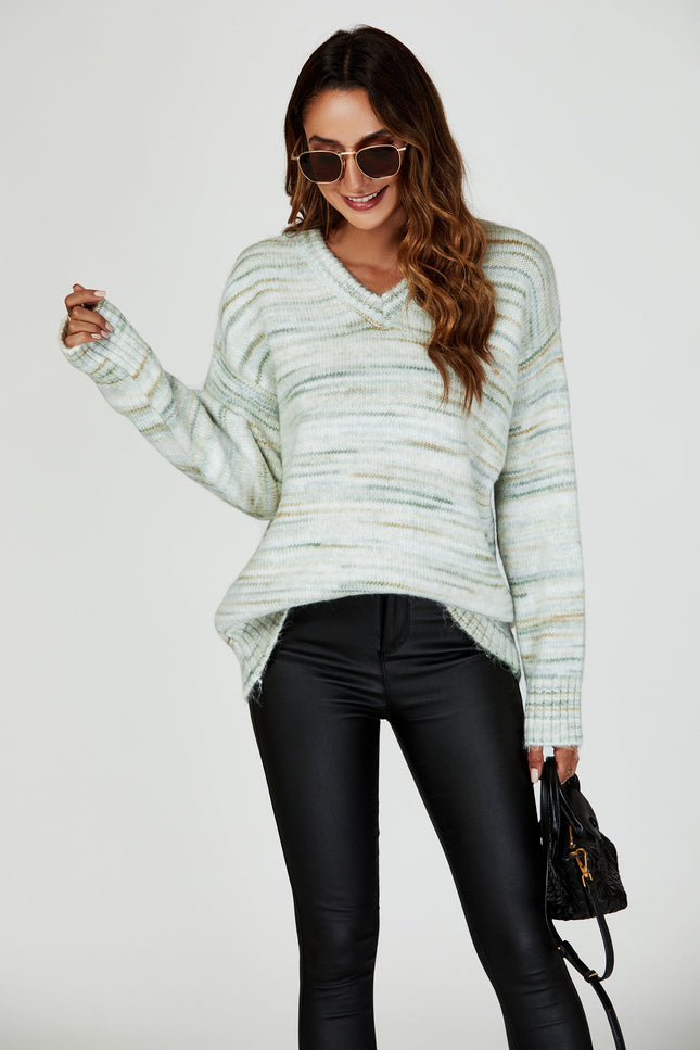 Relaxed Multi Knitted V Neck Jumper in Green und Cream