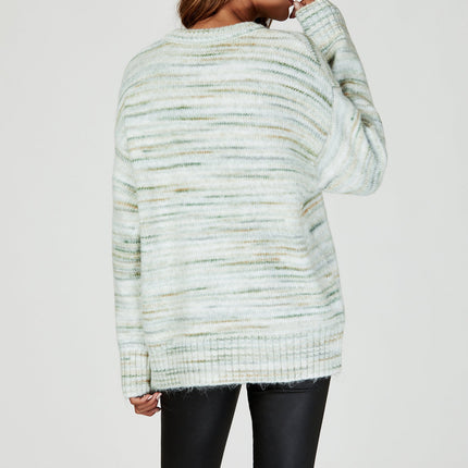 Relaxed Multi Knitted V Neck Jumper in Green und Cream