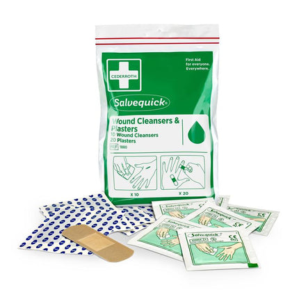 Salvequick Wundreiniger (10 Stück) und Pflaster (20 Stück) verpackt in einem Plastikbeutel mit Reißverschluss | Packung (1 Stück)
