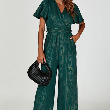 Gold Foil Print Wrap Top Jumpsuit In Green