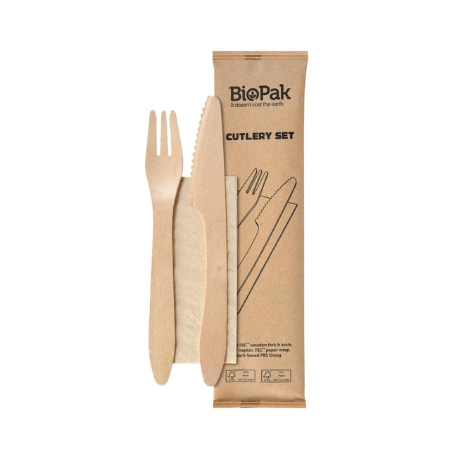 3/1  Besteck Set, Holz, Gabel & Messer, Braune Serviette 190/190 mm, Holz  Natural gewachst 190/190 | Packung (250 Stück)