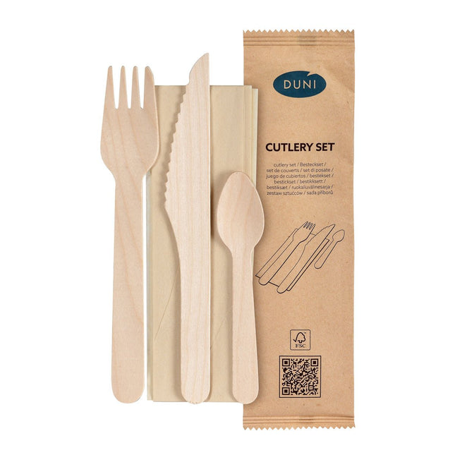 4/1 Besteck Set, Holz, Gabel & Messer, Kaffeelöffel, Braune Serviette  Natural gewachst 160/165/110 | Packung (250 Stück)