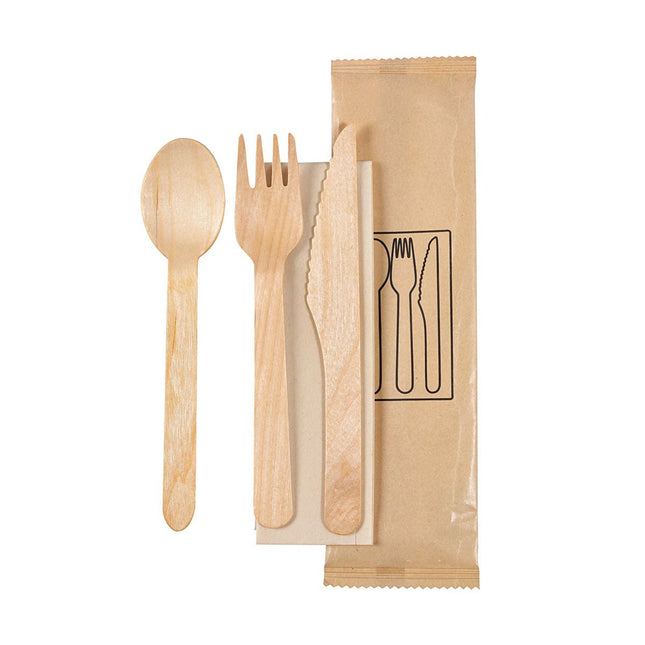 4/1 Besteck Set, Holz, Gabel & Messer, Löffel, Braune Serviette  Natural gewachst 160/165/160 | Packung (250 Stück)