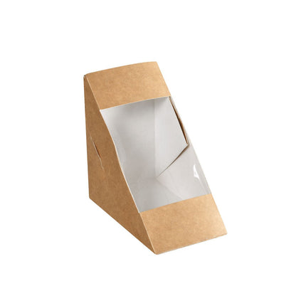Box für 2 Sandwichecken mit PLA-Fenster 590 ml  Braun Karton/PLA 175x75x90  | Packung (650 Stück)