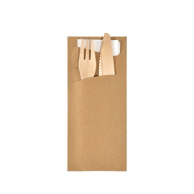 Sacchetto Zelltuch mit Holzbesteck 190 x 85 mm mit Besteck   EcoBrown/weiß | Packung (50 Stück)