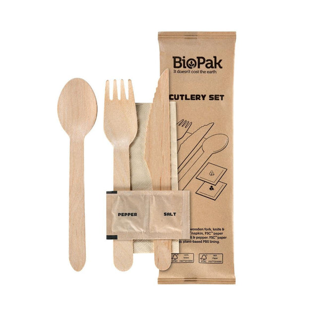 6/1 Besteck Set, Holz, Gabel & Messer, Löffel, Serviette, Salz, Pfeffer  Natural gewachst 160/165/160 | Packung (250 Stück)