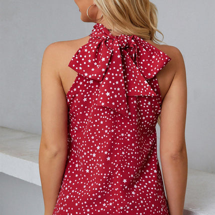 White Star Print Halter Neck Tie Back Top In Red