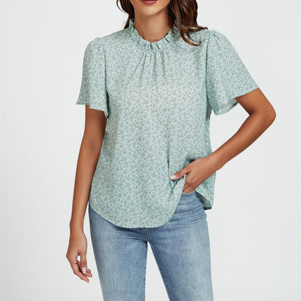 Grey Little Floral Print Angle Sleeve High Neck Top/Blouse In Blue