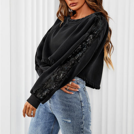 Oversized Sequin Detail Cropped Sweatshirt In Black