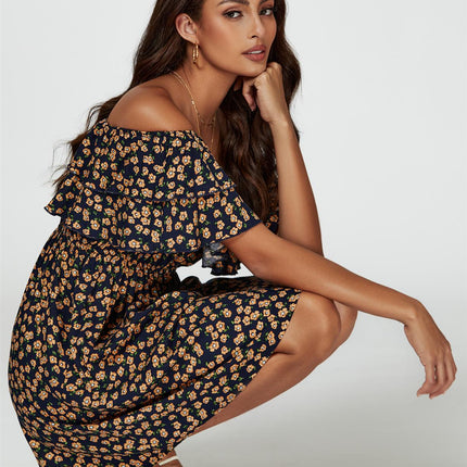 Floral Print Bardot Frill Mini Dress In Navy