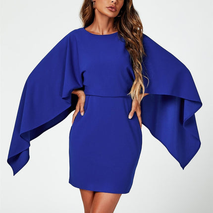 Back Detail Mini Dress With Cape In Blue