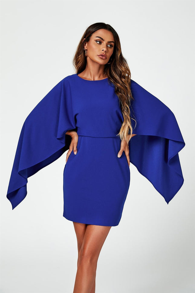 Back Detail Mini Dress With Cape In Blue
