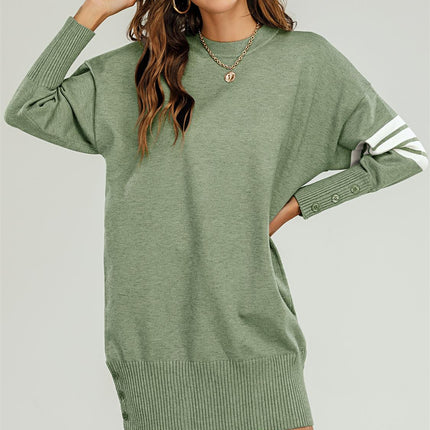 Knitted Tunic Jumper Dress With White Stripe In Olive