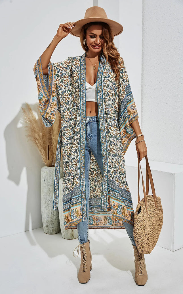 Relaxed Cotton Kimono In Blue Floral