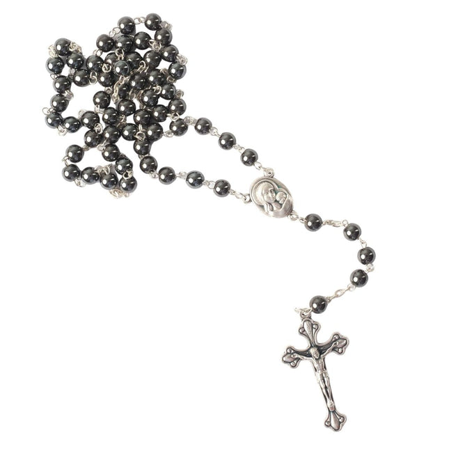 Rosenkranz mit runden Hämatitperlen (42 cm) | Gebetskette mit Kreuz als Geschenk zur Taufe, Kommunion & Firmung