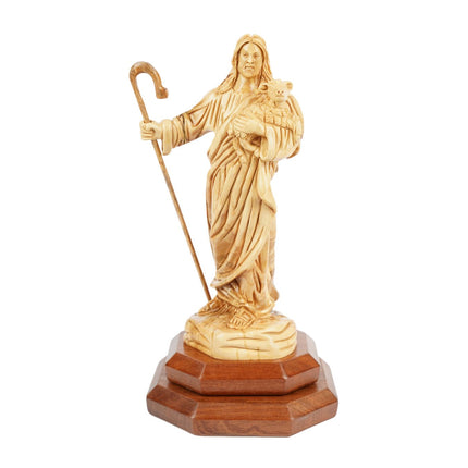 Der Gute Hirte aus Olivenholz – Handgeschnitzte Jesusfigur mit Lamm (26,5 cm)