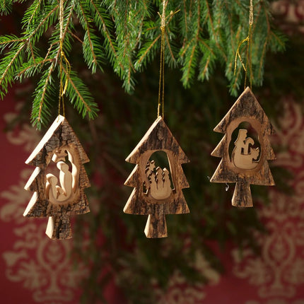 Krippen-Anhänger aus Olivenholz im Tannenbaum mit Rinde (3er Set) | Baumschmuck & Weihnachtsdeko für Advent und Weihnachten