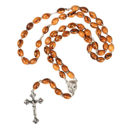 Rosenkranz mit ovalen Perlen aus Metall & Erde | Gebetskette mit Kreuz als Geschenk zur Taufe, Kommunion & Firmung