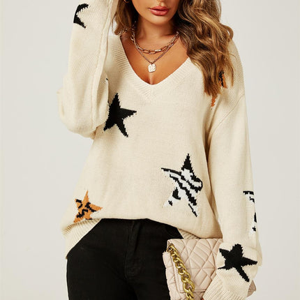 Relaxed Soft V Neck Animal Star Pattern Jumper Top In Beige