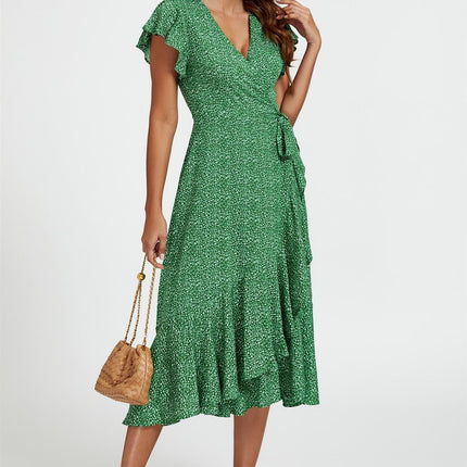Little Floral Frill Sleeve Midi Wrap Dress In Green