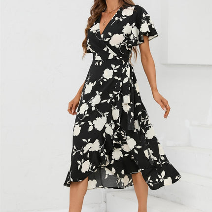 Angel Sleeve Wrap Midi Dress In Black