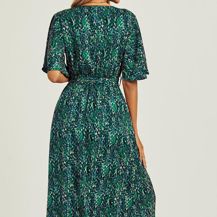 Angel Sleeve Wrap Top Midi Dress In Green