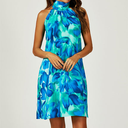 Abstract Floral Print Halter Neck Tie Back Mini Dress In Blue