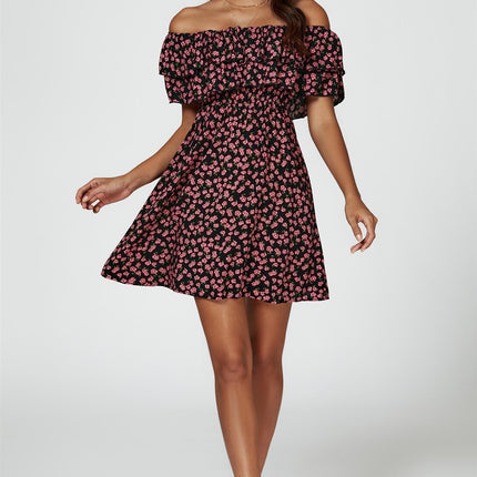 Floral Print Bardot Frill Mini Dress In Black