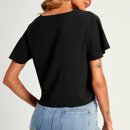 Cute Tie Knot Front Buttoned Crop T Shirt Top In Black