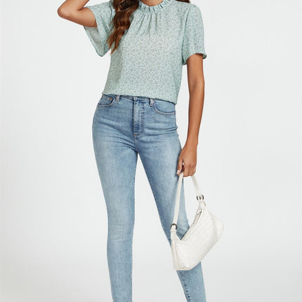 Grey Little Floral Print Angle Sleeve High Neck Top/Blouse In Blue