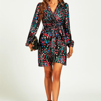Abstract Floral Print Wrap Mini Dress In Black