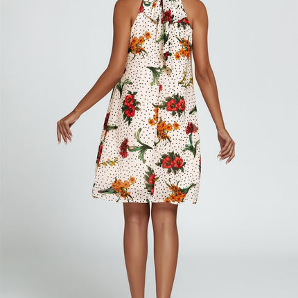 Floral Print Halter Neck Tie Back Mini Dress In Off White