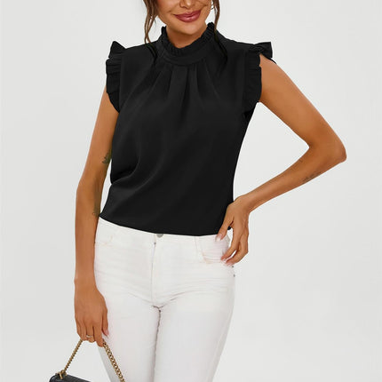 Frill Trim Sleeve High Neck Blouse Top In Black