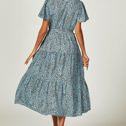 Leopard Print Hem Tiered Wrap Midi Dress In Blue