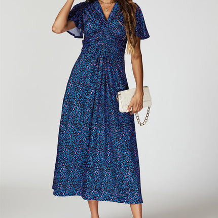 Animal Print Angel Sleeve Twist Midi Dress In Blue